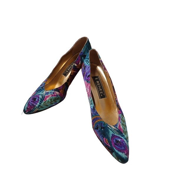 J. Renee Shoes - Vintage 90s J Renee Peacock Print Classic Multicolor Women's Pumps Size 7M